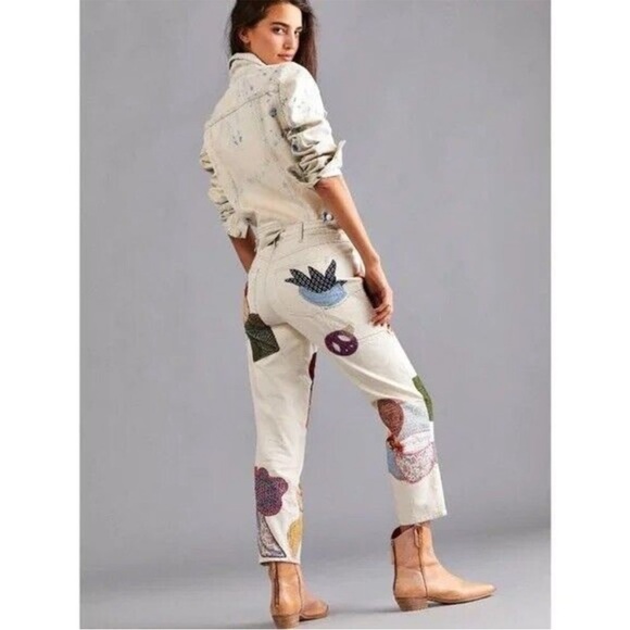 Free People Sunnies Patched Boyfriend Jeans Ivory Size 26 - Picture 4 of 12